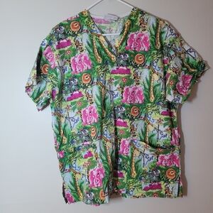 Peaches uniforms Womens Scrub Top Size M? L? Safari Animals Colorful Zoo